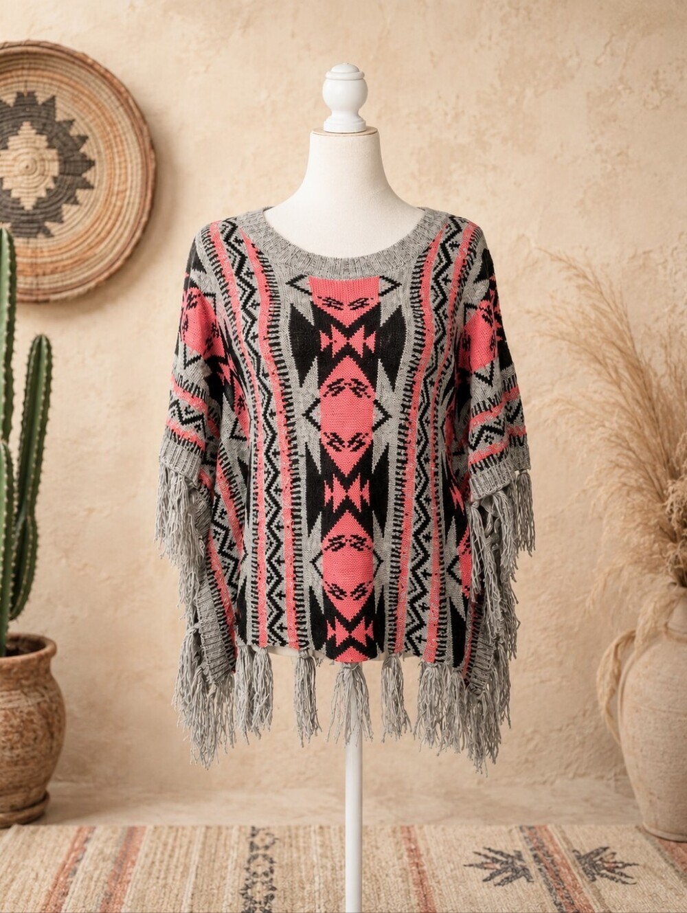 SOHO Apparel Women's Southwestern Fringe Poncho Sweater Size Small Atztec